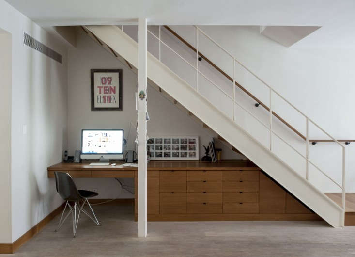 Home office: Under-the-stair desk in a Cobble Hill duplex designed by architect Oliver-Freundlich.