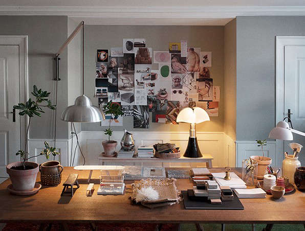 Design legend Ilse Crawford’s temporary office in Copenhagen featured a mood board, of course, a necessity for creatives everywhere. Photograph by Casper Sejersen for the Apartment, from Mastering Warm Minimalism: Ilse Crawford in Copenhagen.