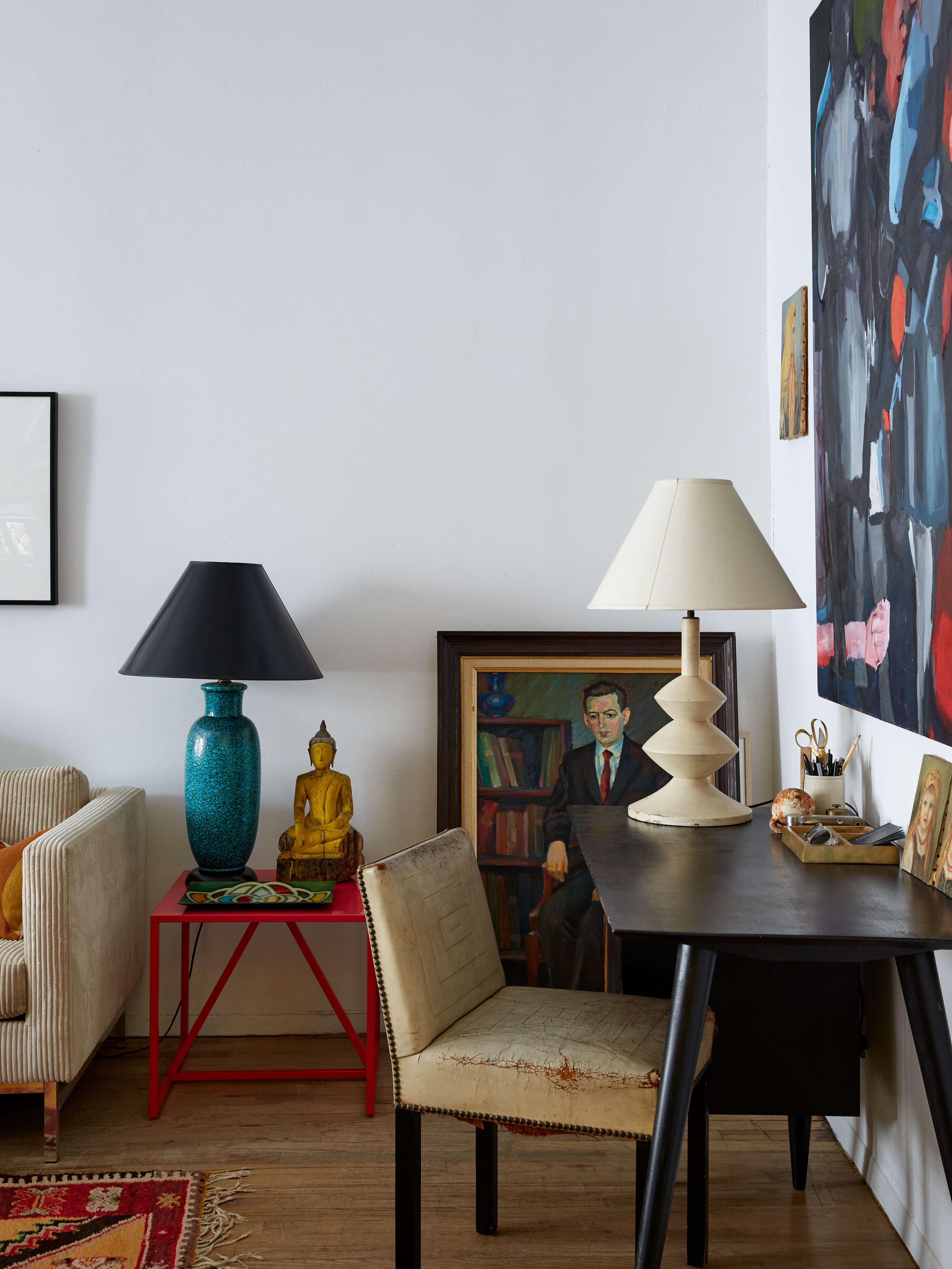 Living with art and sculptural lamps in a small rental apartment