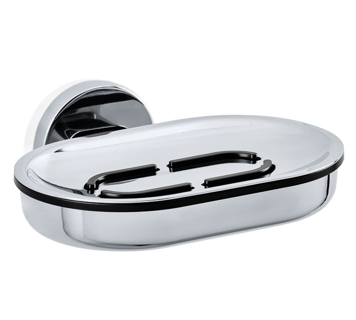 This stainless steel soap dish from Pottery Barn’s Cyl bathroom collection features grips that prevent bar soap from slipping around; $79.