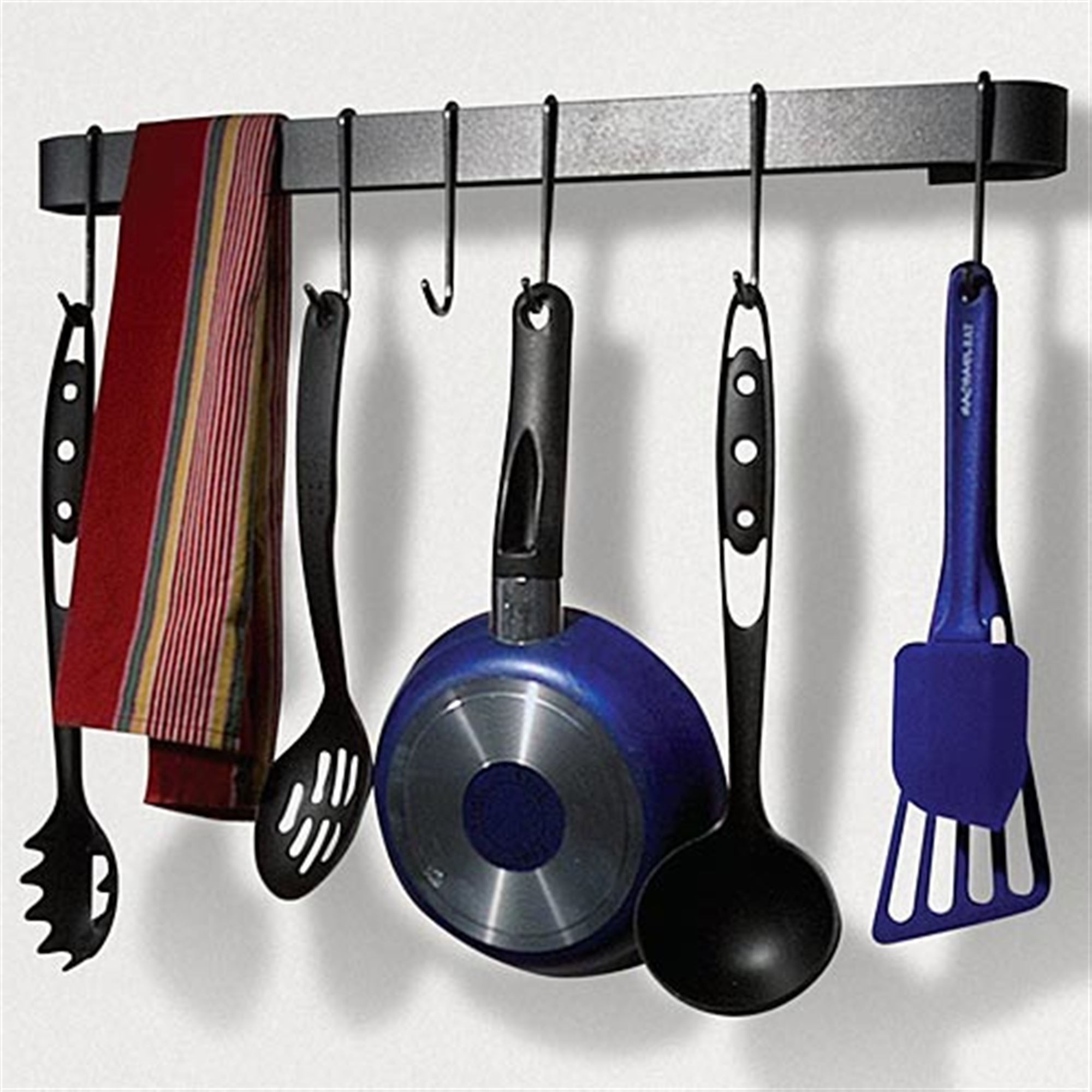 The Utensil Bar Rack from Sturbridge Yankee Workshop comes with eight pot hooks and is crafted in hot rolled steel with a uniform satin finish. 4.5″ x 22″ 2″; $49.95.